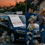 Rodzina z workami pieniędzy przy samochodzie na sprzedaż - satyryczna ilustracja kosztów ogłoszeń